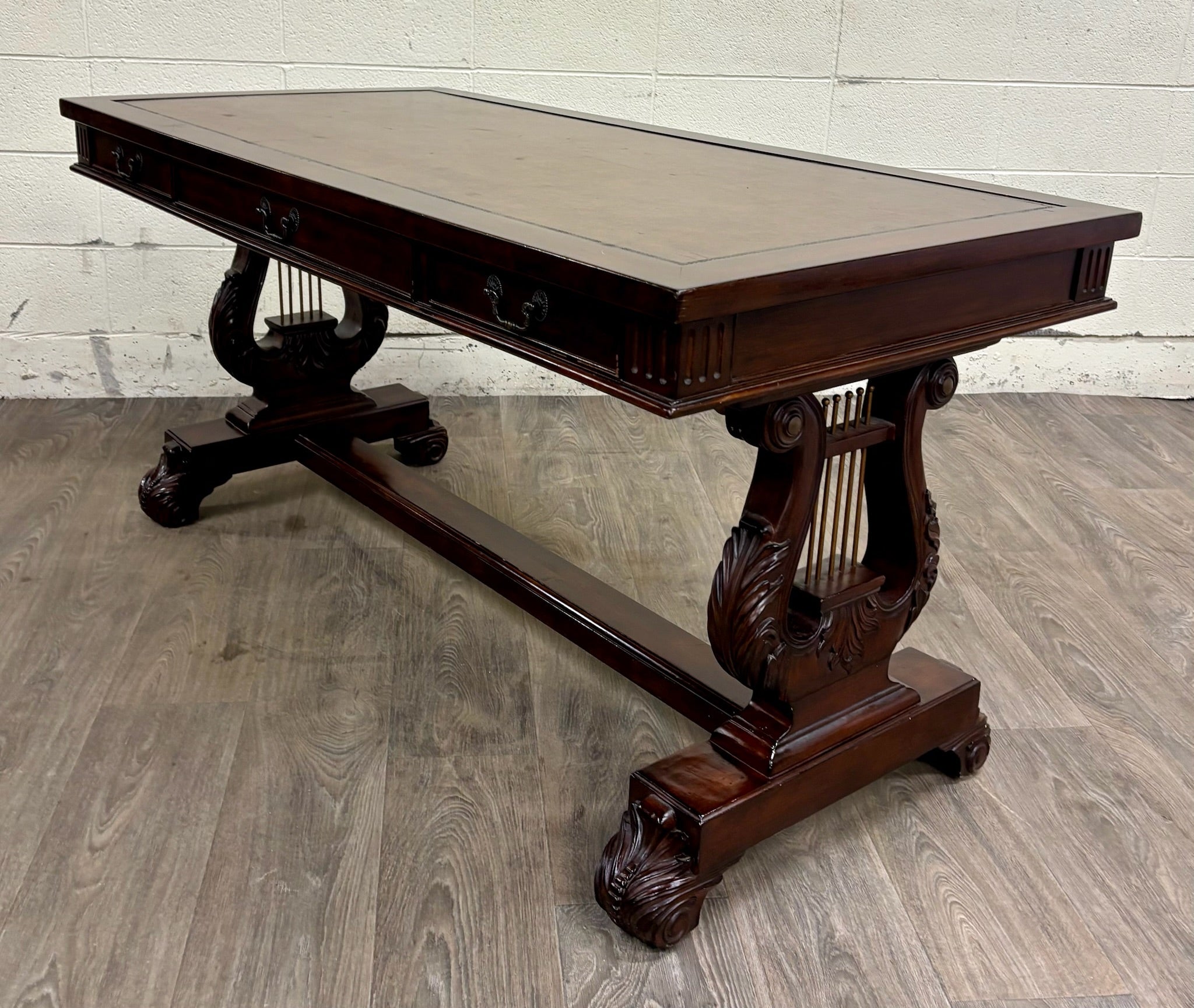 Vintage Empire Style Lyre Side Leather Top Writing Executive Library Desk