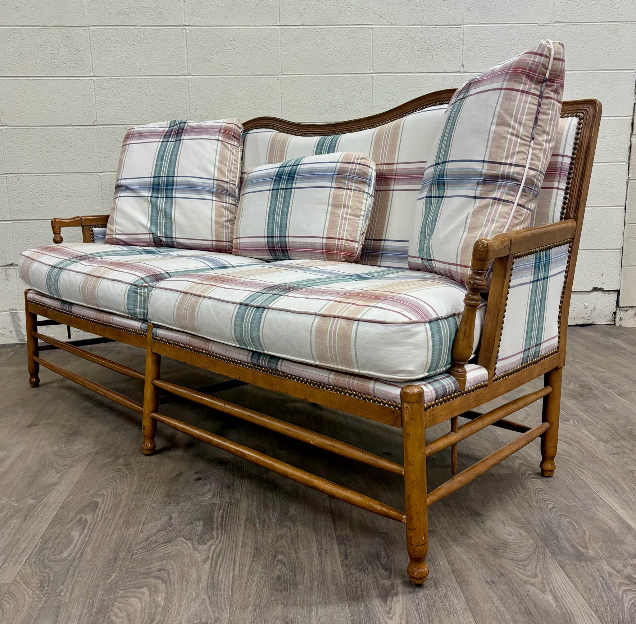 Vintage Isenhour Furniture MCM Ficks Reed Style Rattan Camelback Sofa