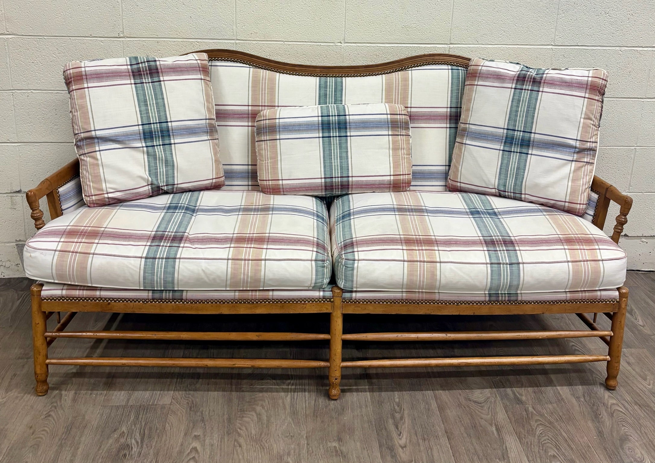 Vintage Isenhour Furniture MCM Ficks Reed Style Rattan Camelback Sofa