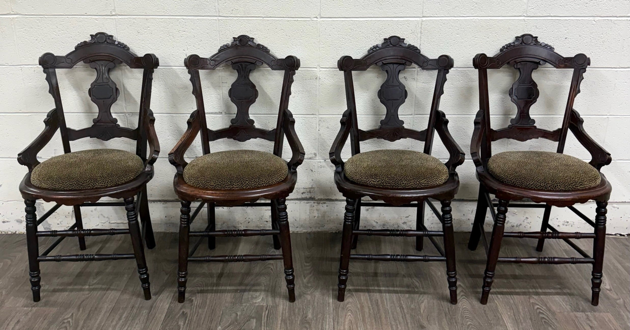 Antique Victorian Eastlake Style Walnut Dining Arm Chairs - Set of 4