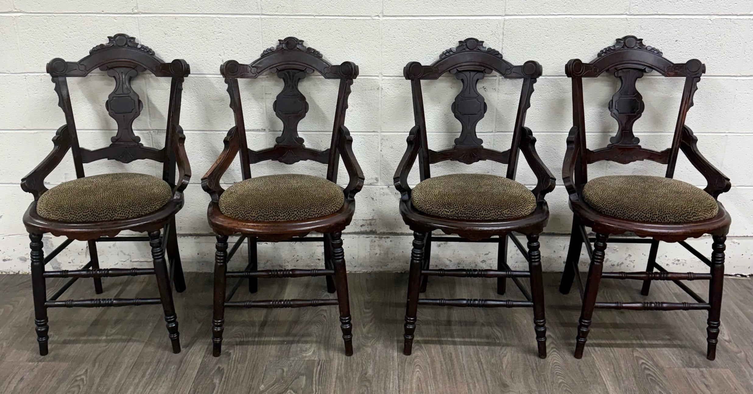 Antique Victorian Eastlake Style Walnut Dining Arm Chairs - Set of 4
