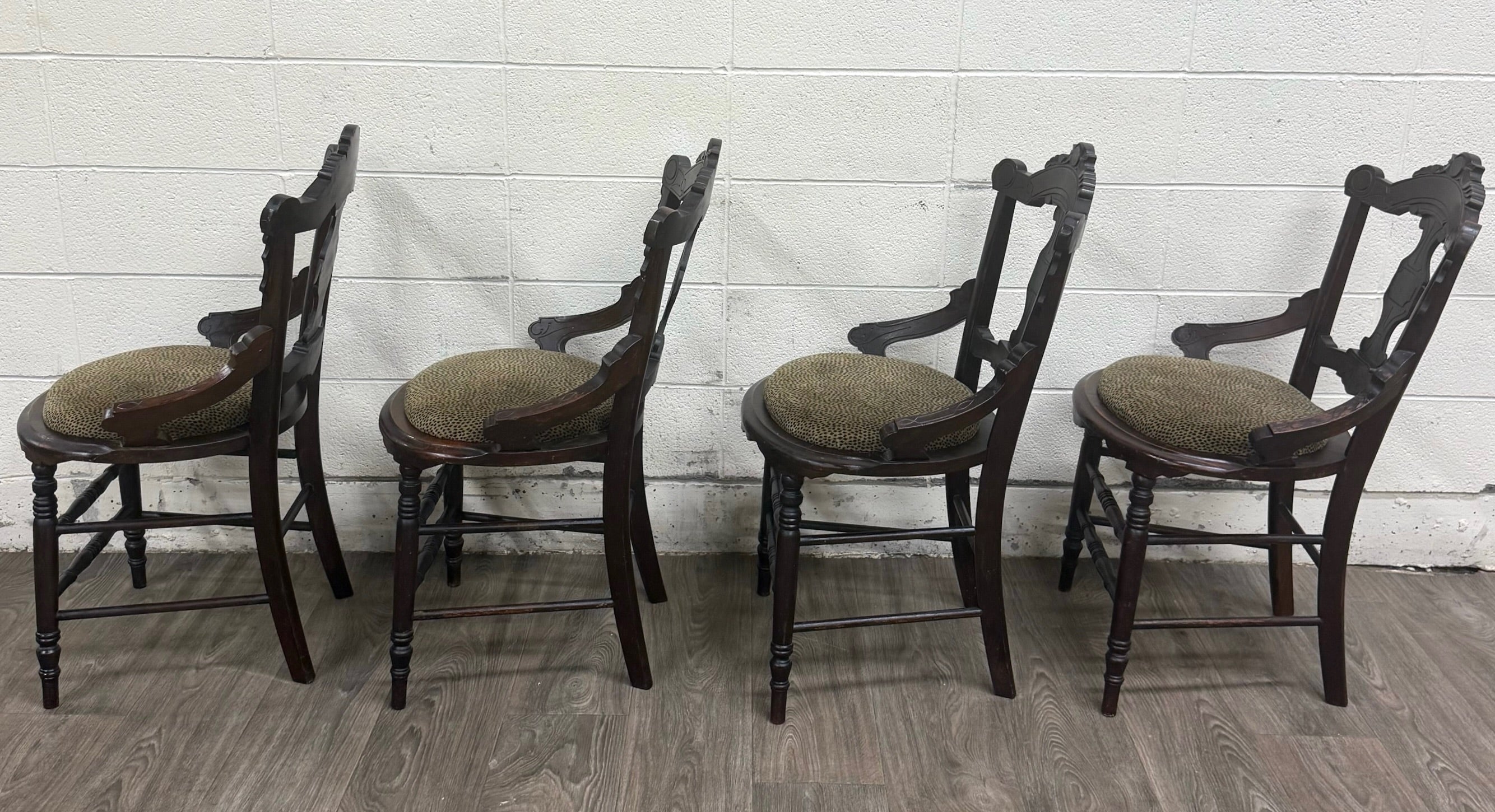 Antique Victorian Eastlake Style Walnut Dining Arm Chairs - Set of 4