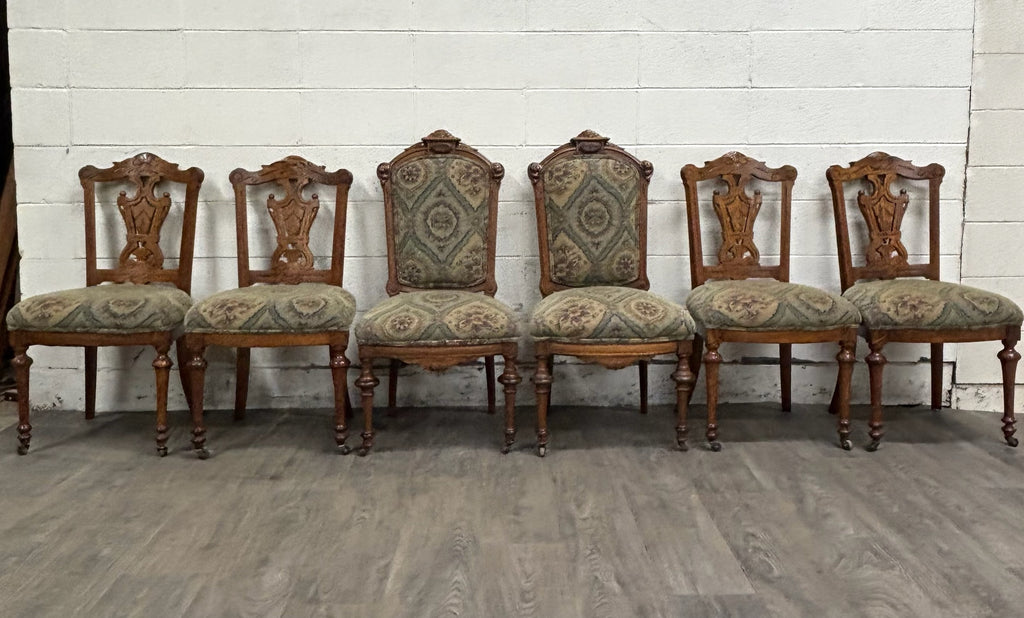 Antique Victorian Oak and Tapestry Dining Chairs - Set of 6