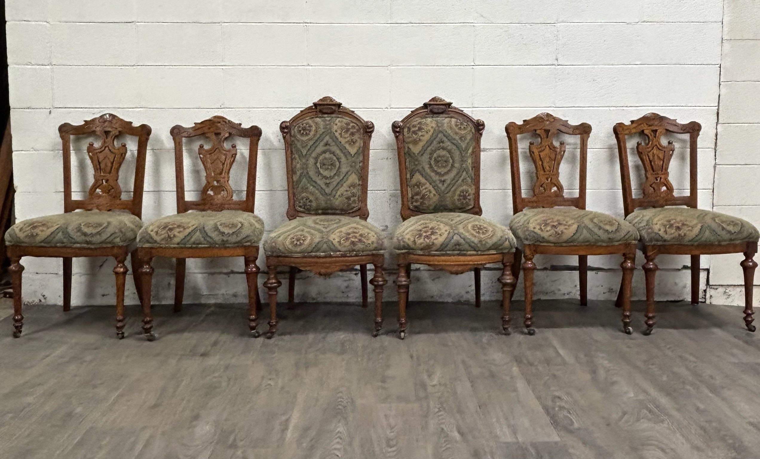 Antique Victorian Oak and Tapestry Dining Chairs - Set of 6