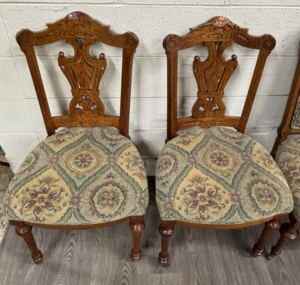 Antique Victorian Oak and Tapestry Dining Chairs - Set of 6