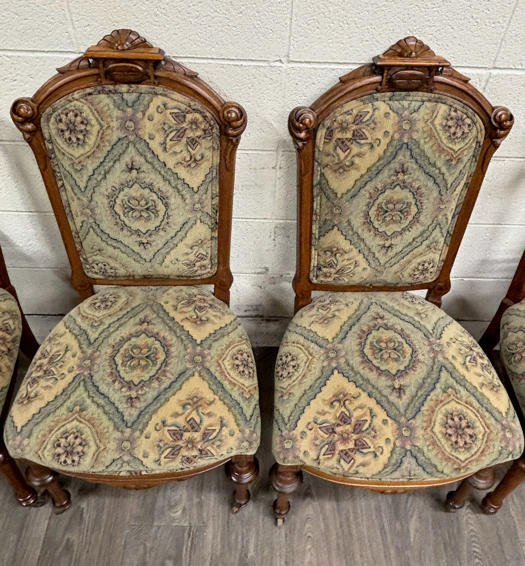 Antique Victorian Oak and Tapestry Dining Chairs - Set of 6