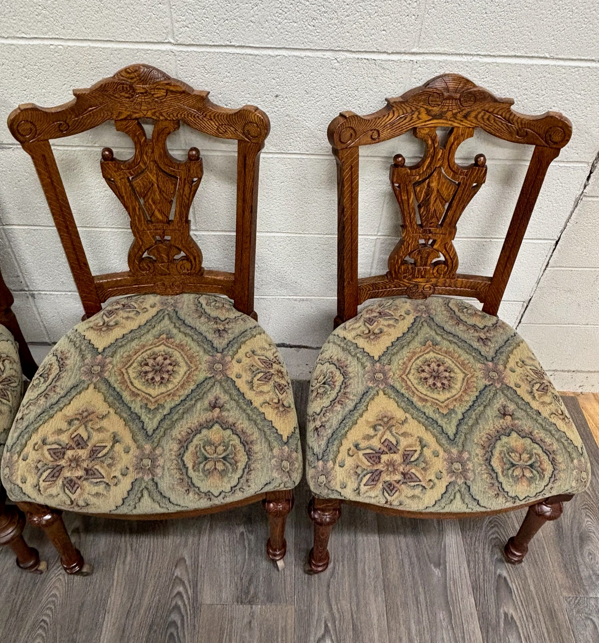Antique Victorian Oak and Tapestry Dining Chairs - Set of 6