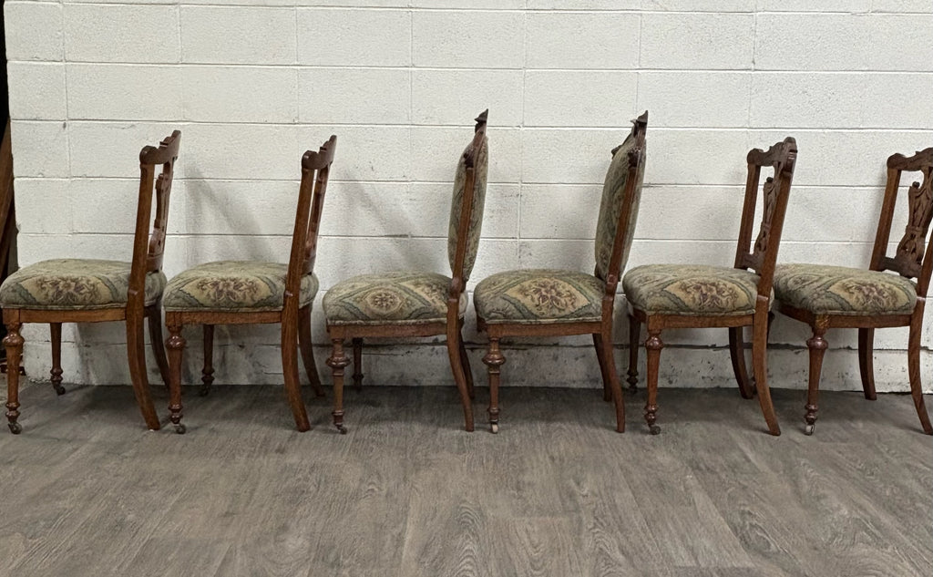 Antique Victorian Oak and Tapestry Dining Chairs - Set of 6