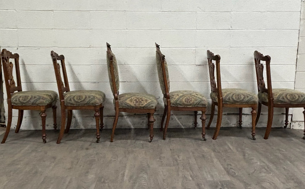 Antique Victorian Oak and Tapestry Dining Chairs - Set of 6