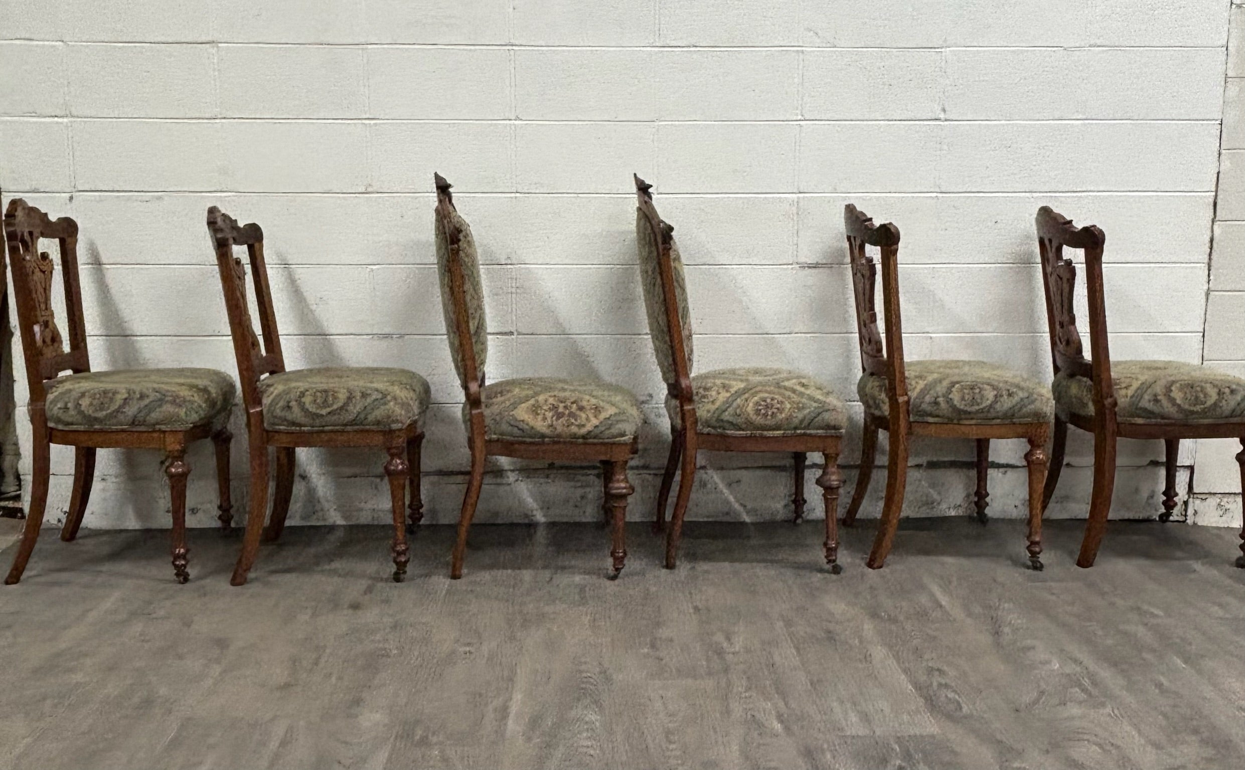 Antique Victorian Oak and Tapestry Dining Chairs - Set of 6