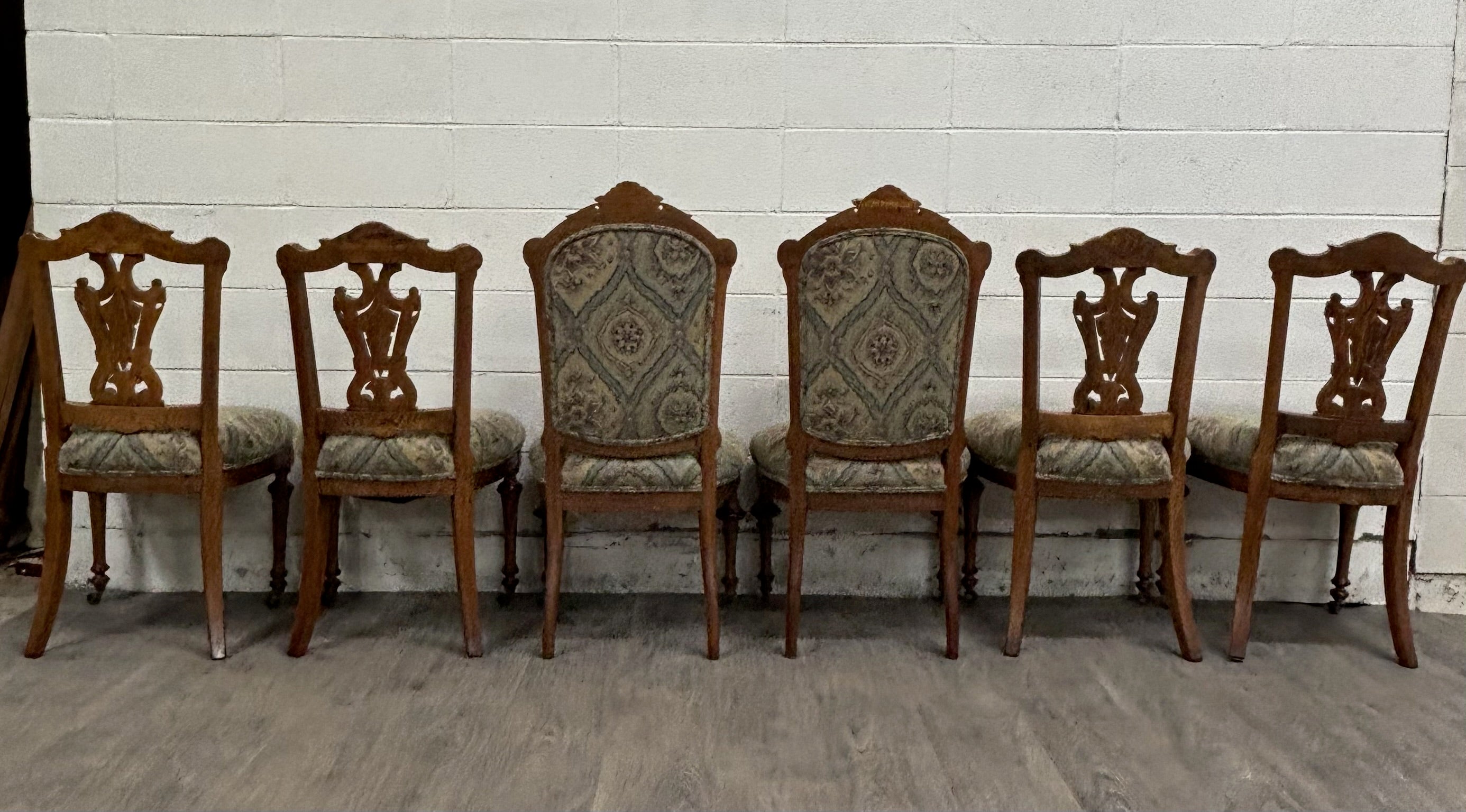 Antique Victorian Oak and Tapestry Dining Chairs - Set of 6
