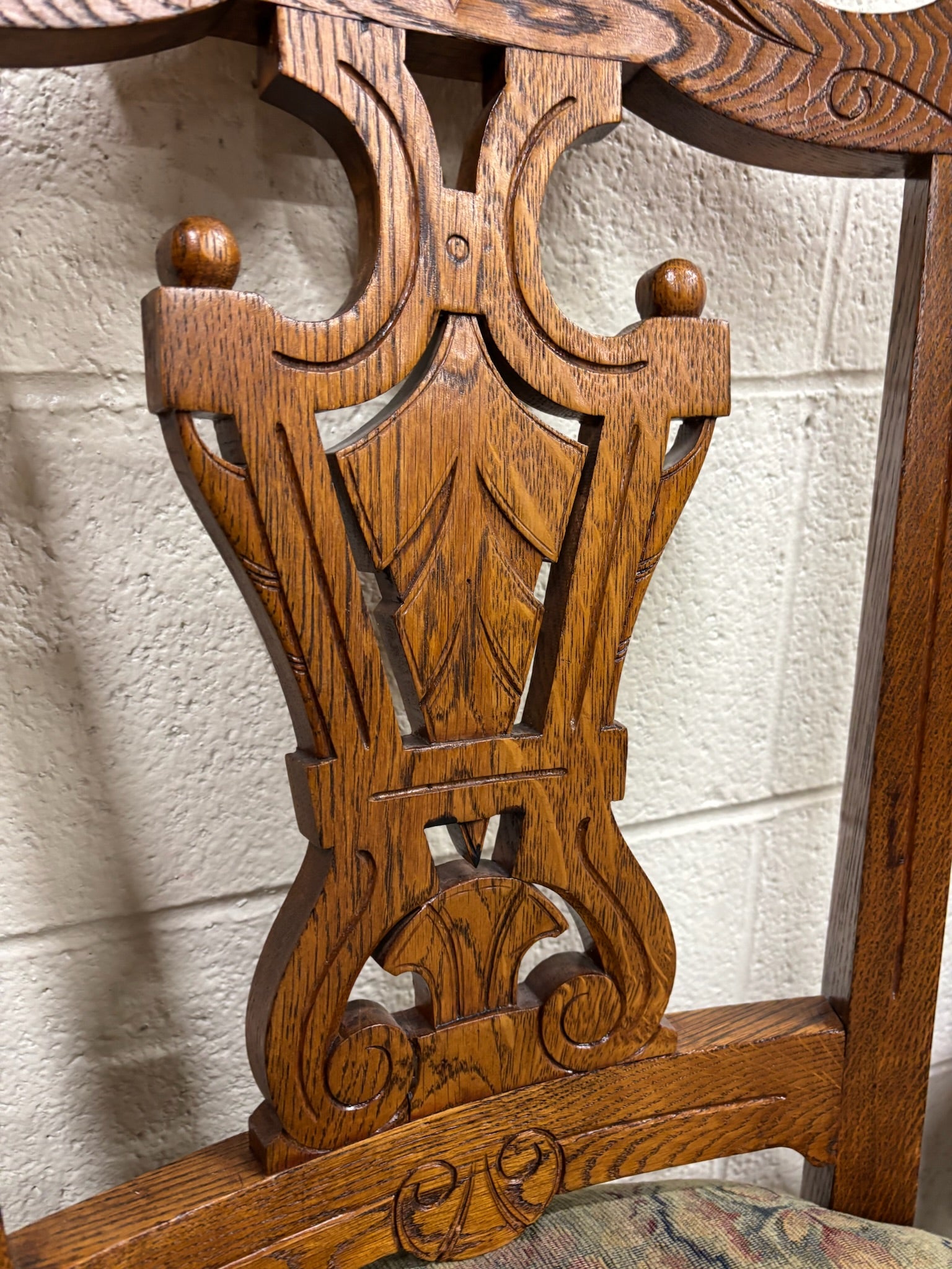 Antique Victorian Oak and Tapestry Dining Chairs - Set of 6