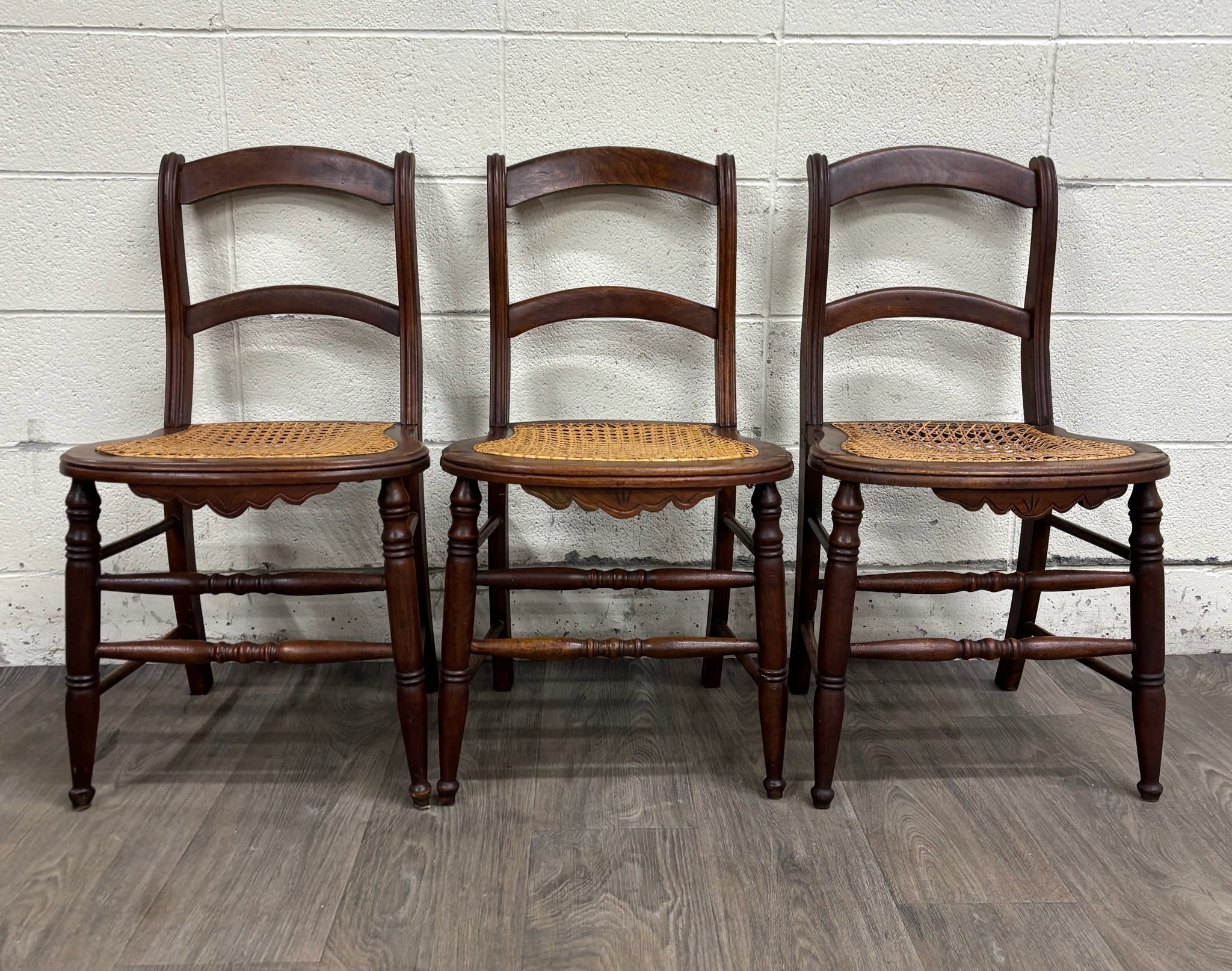Vintage Victorian Eastlake Style Ladder Back Cane Seat Dining Chairs - Set of 3