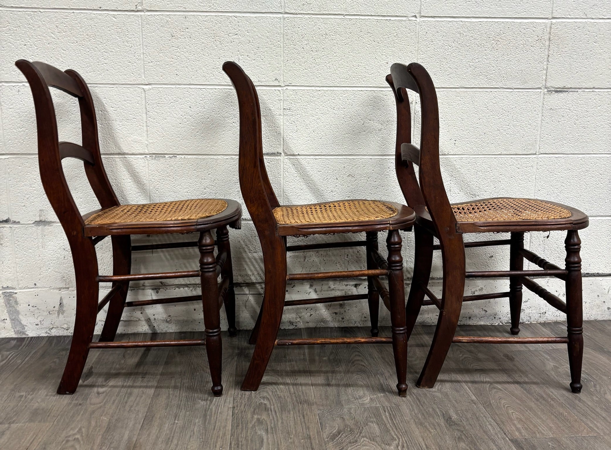 Vintage Victorian Eastlake Style Ladder Back Cane Seat Dining Chairs - Set of 3