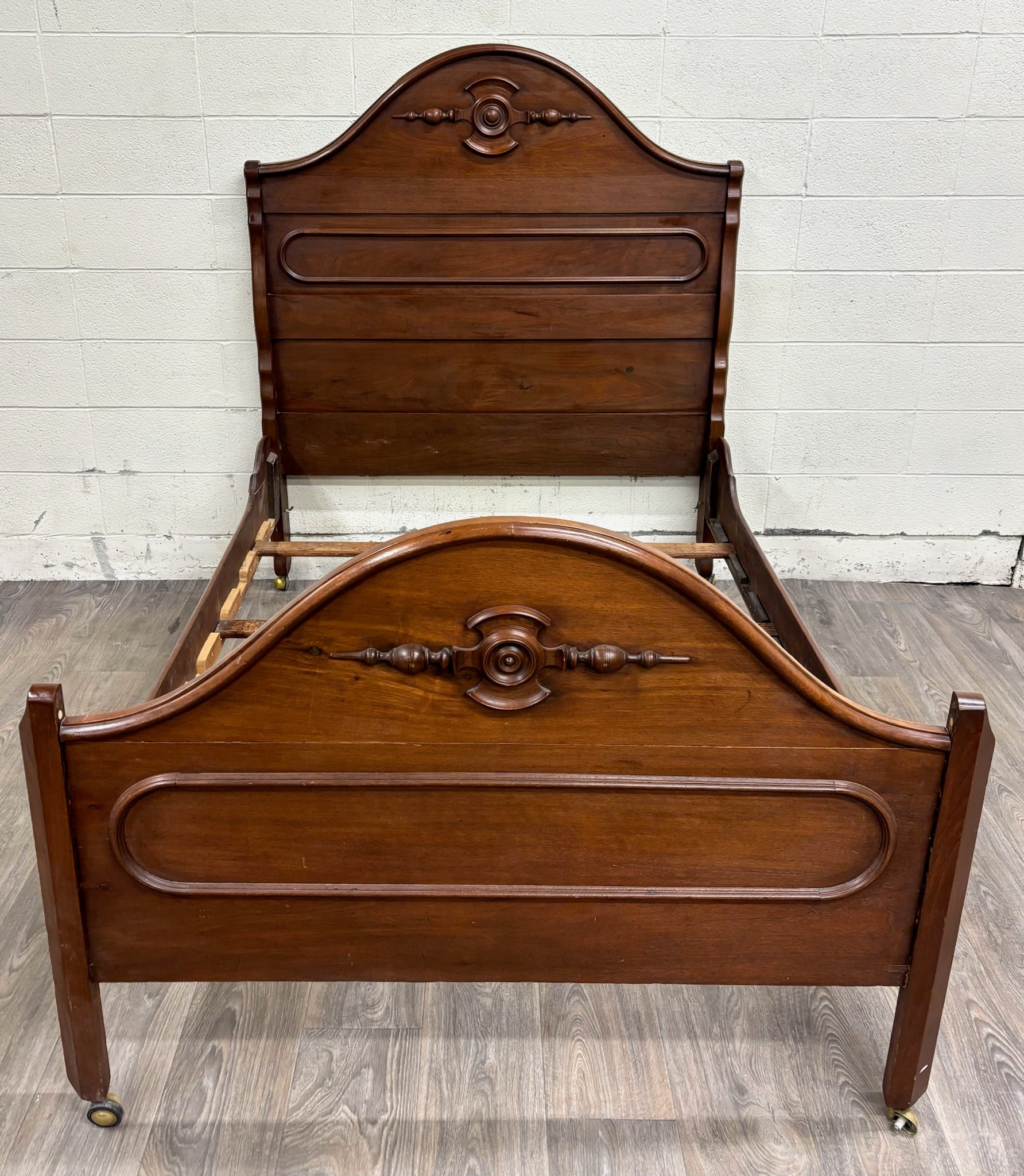 Antique Full Size Victorian Walnut Carved Bedframe