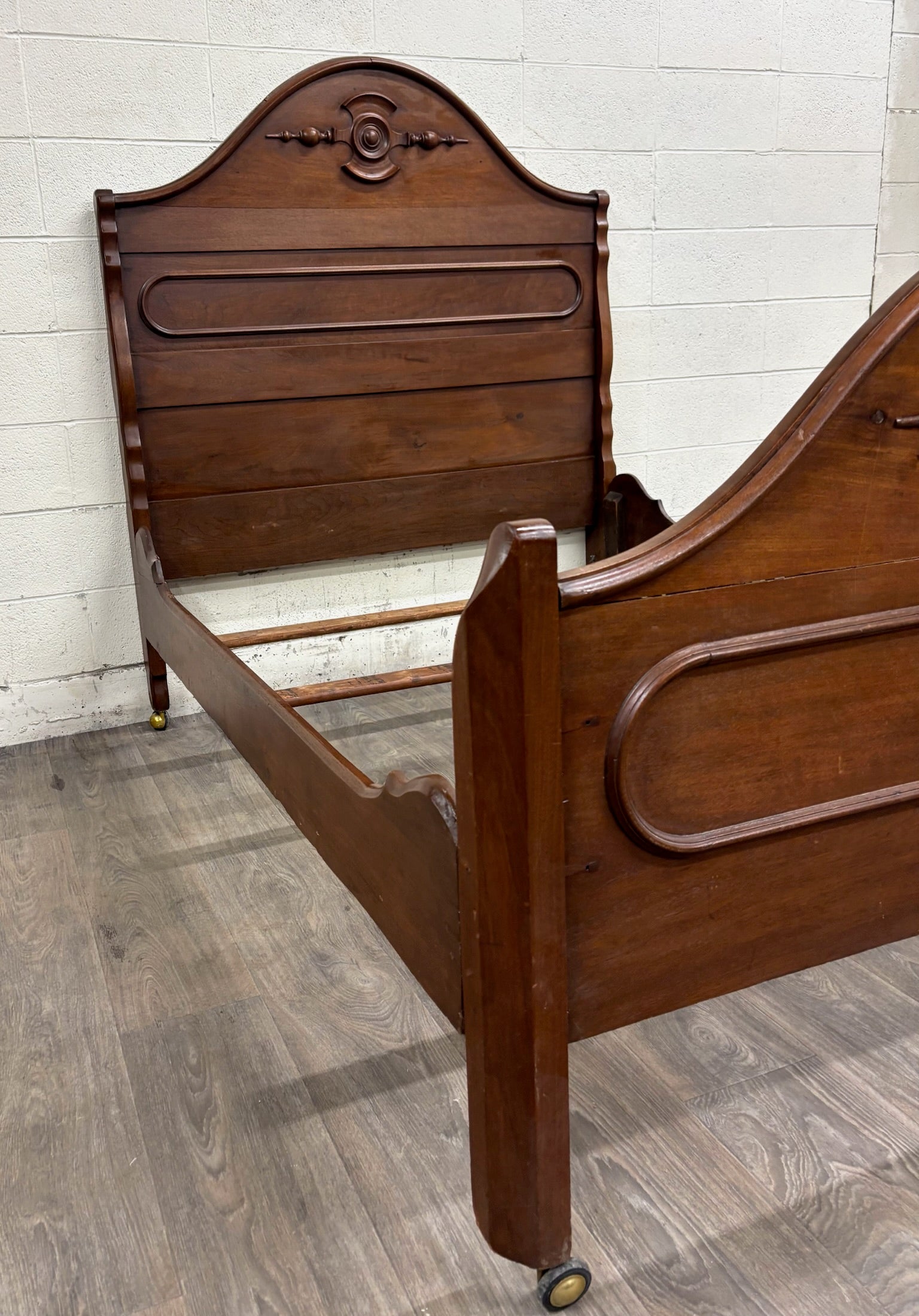 Antique Full Size Victorian Walnut Carved Bedframe