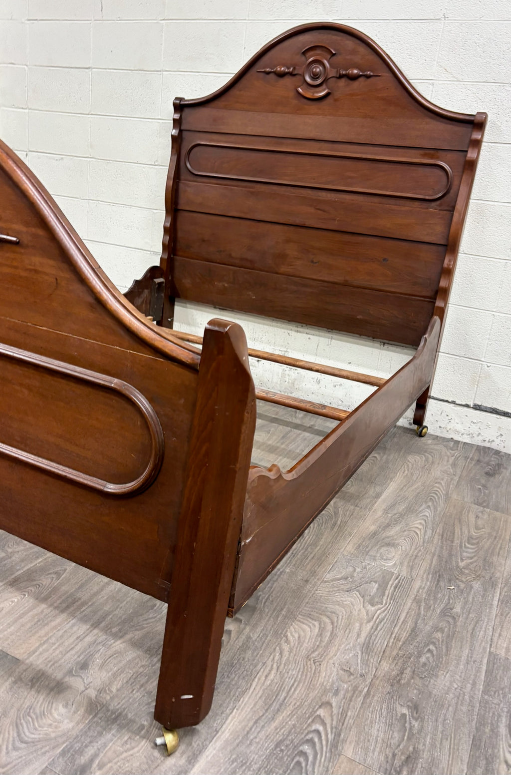 Antique Full Size Victorian Walnut Carved Bedframe