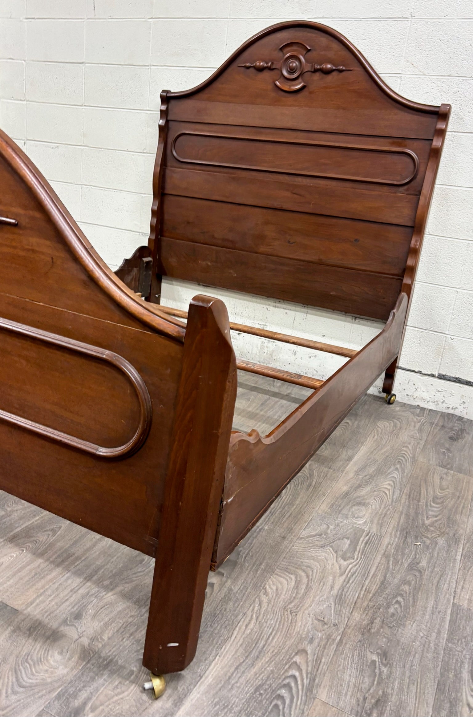 Antique Full Size Victorian Walnut Carved Bedframe