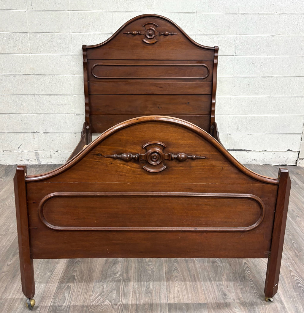 Antique Full Size Victorian Walnut Carved Bedframe