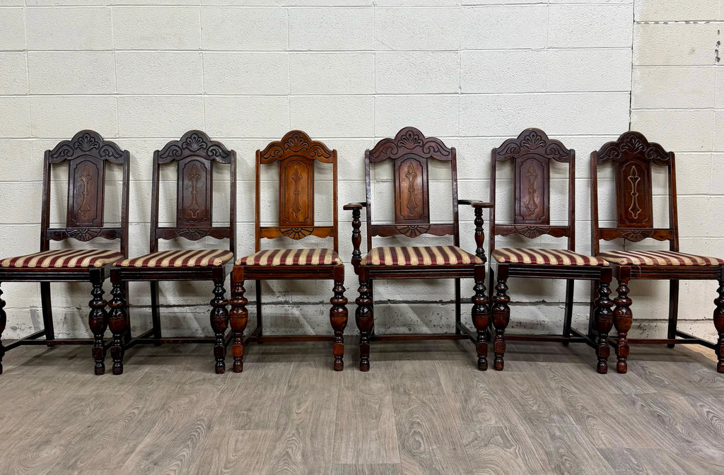 Antique English Tudor Jacobean Revival Dining Chairs - Set of 6