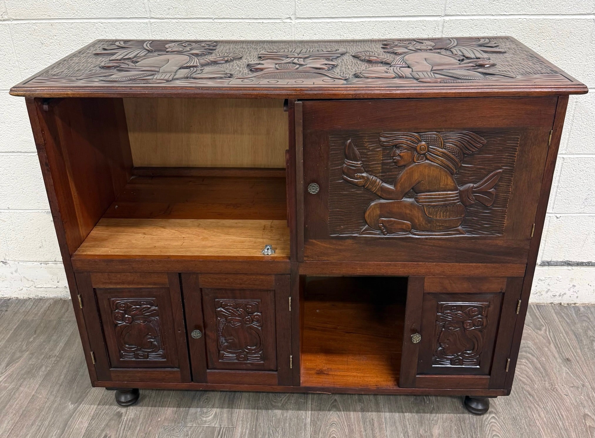 Vintage Hand Carved Solid Wood Mexican Colonial Server Credenza