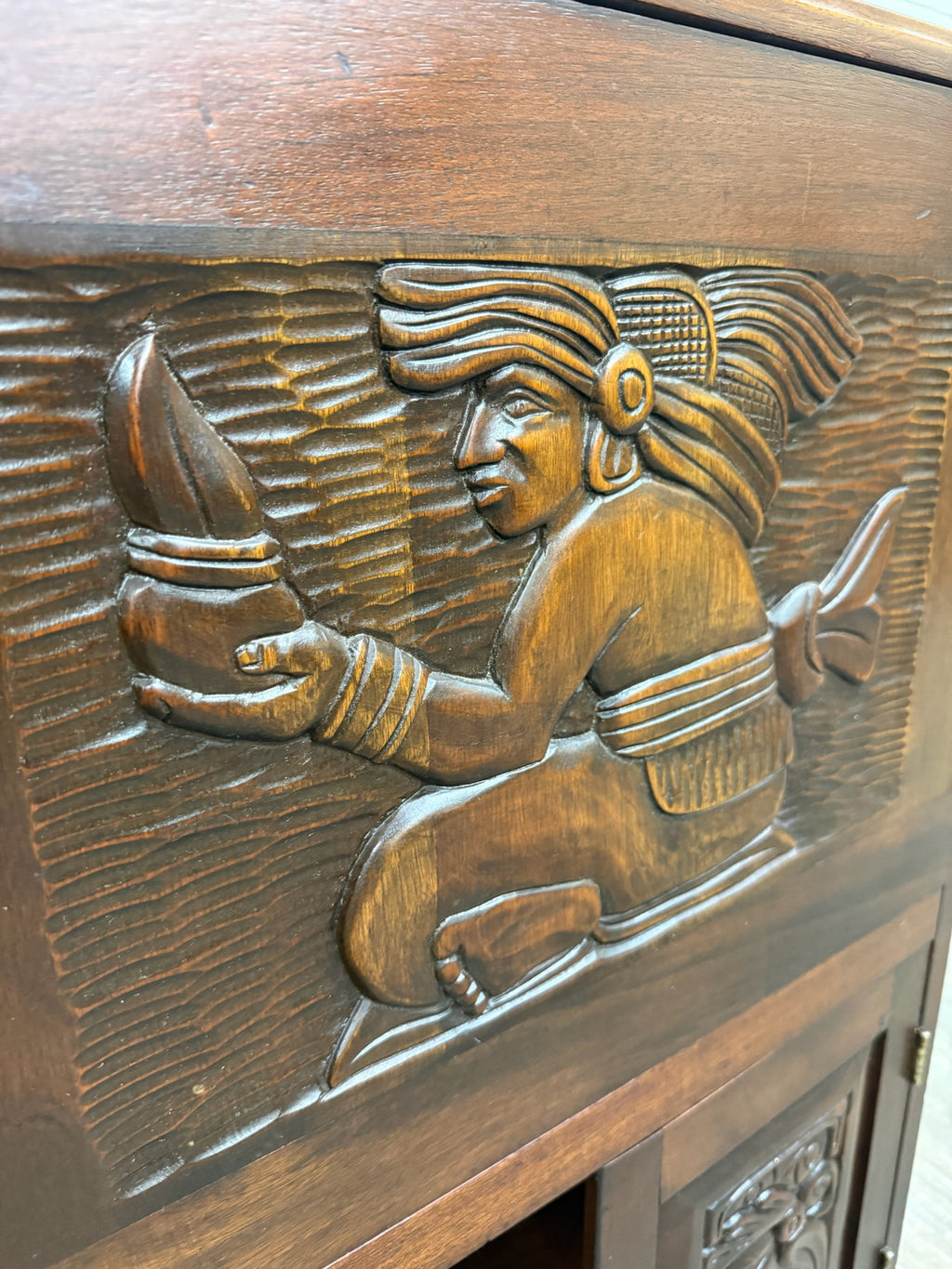 Vintage Hand Carved Solid Wood Mexican Colonial Server Credenza
