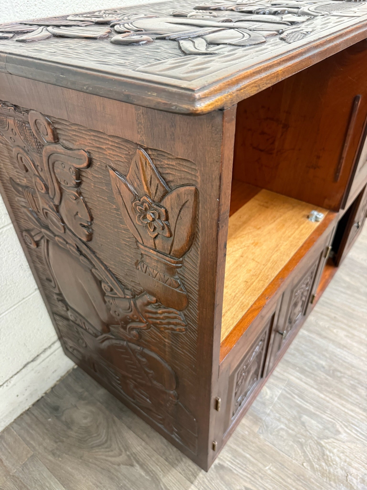 Vintage Hand Carved Solid Wood Mexican Colonial Server Credenza