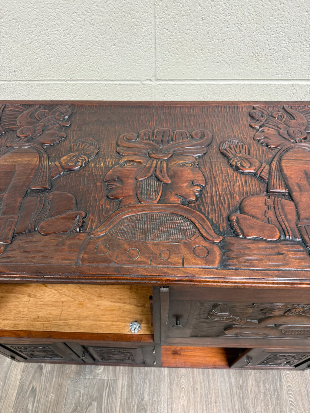 Vintage Hand Carved Solid Wood Mexican Colonial Server Credenza