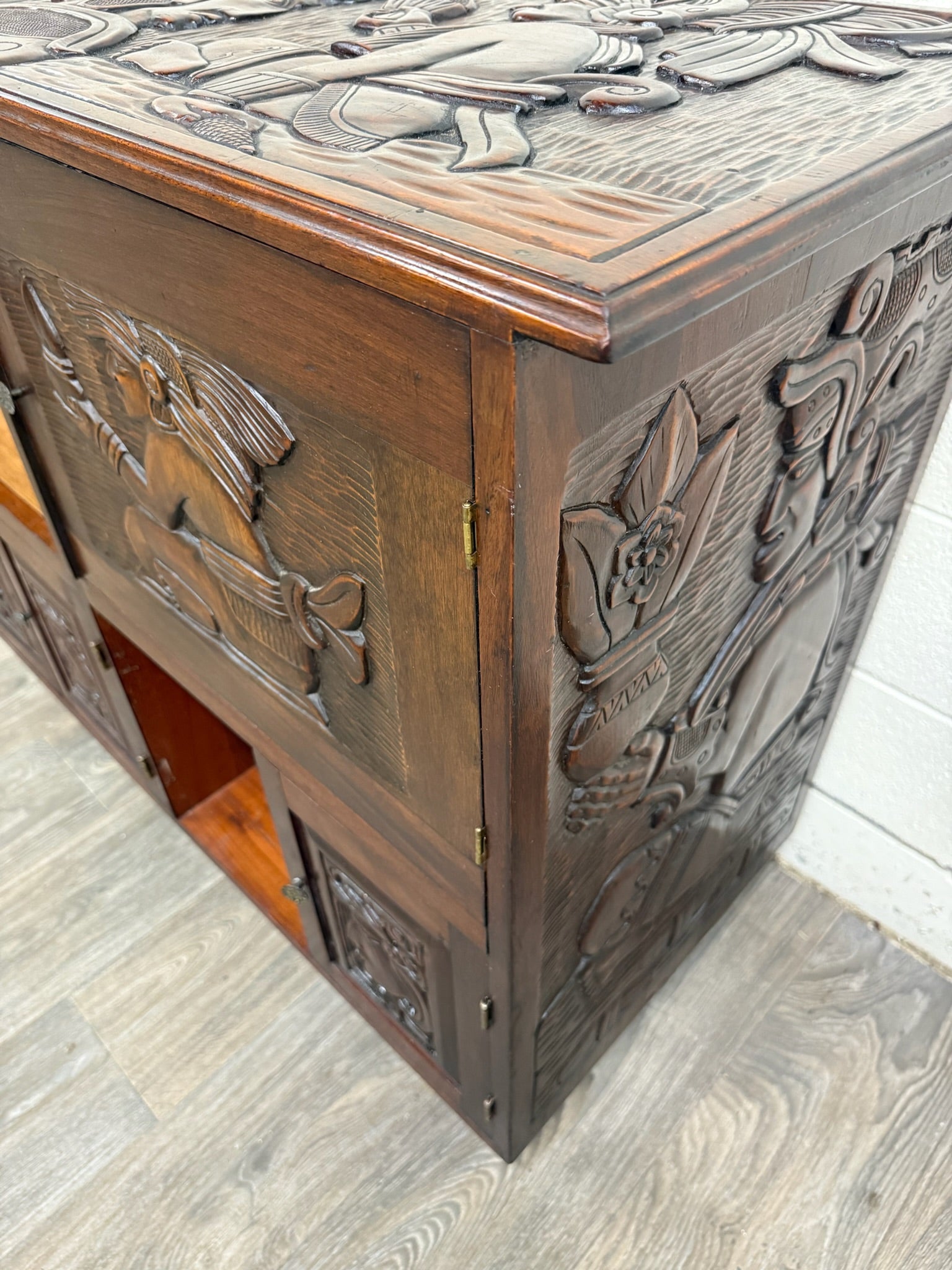 Vintage Hand Carved Solid Wood Mexican Colonial Server Credenza