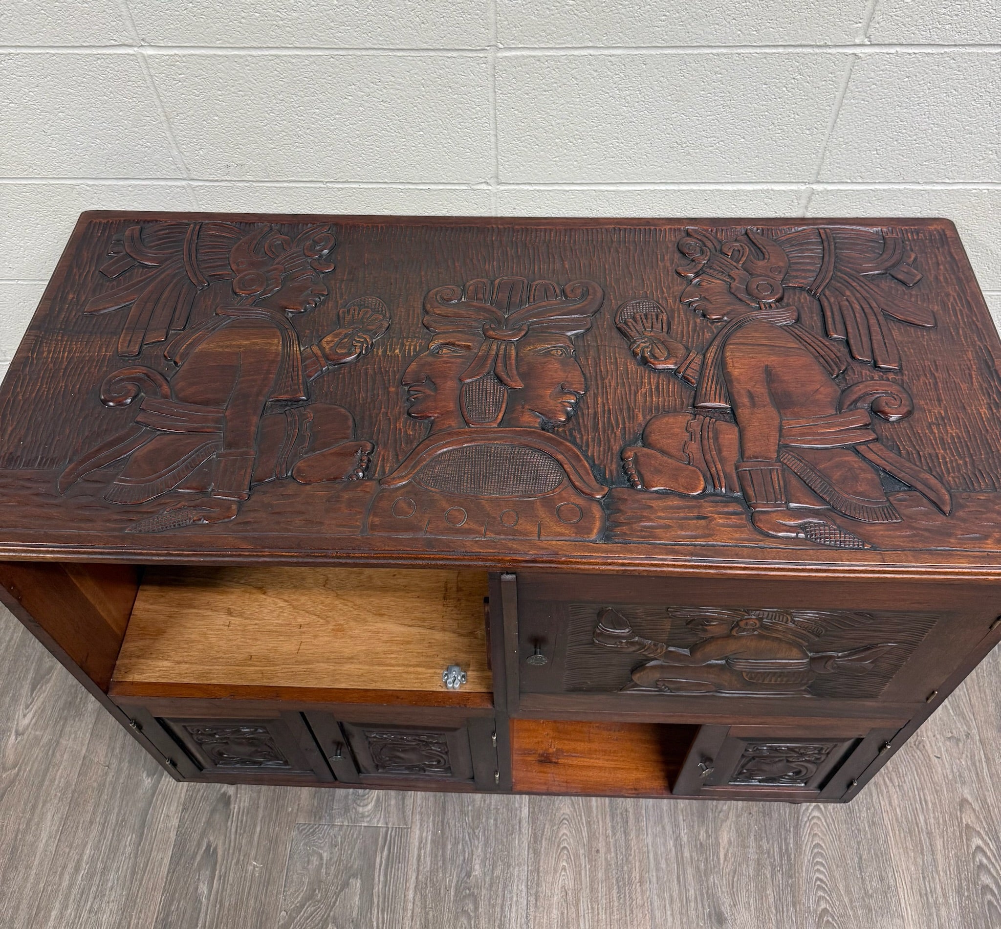 Vintage Hand Carved Solid Wood Mexican Colonial Server Credenza