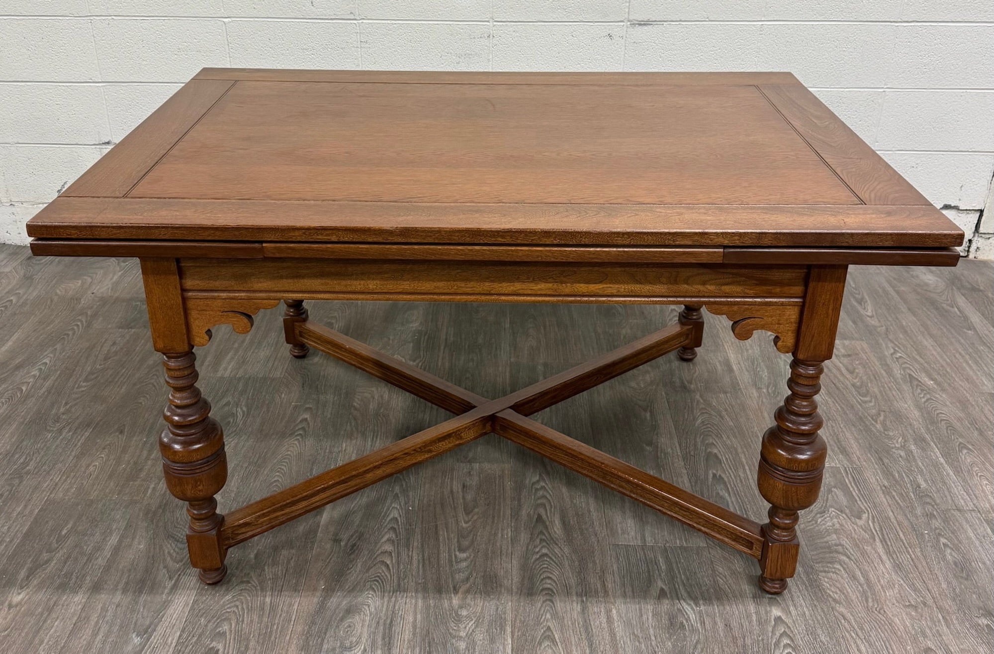 Vintage Old English Tudor Jacobean Revival Style Oak Draw Leaf Dining Table