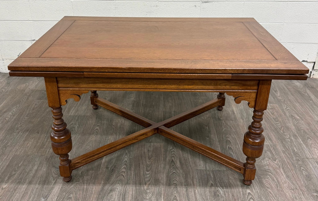 Vintage Old English Tudor Jacobean Revival Style Oak Draw Leaf Dining Table