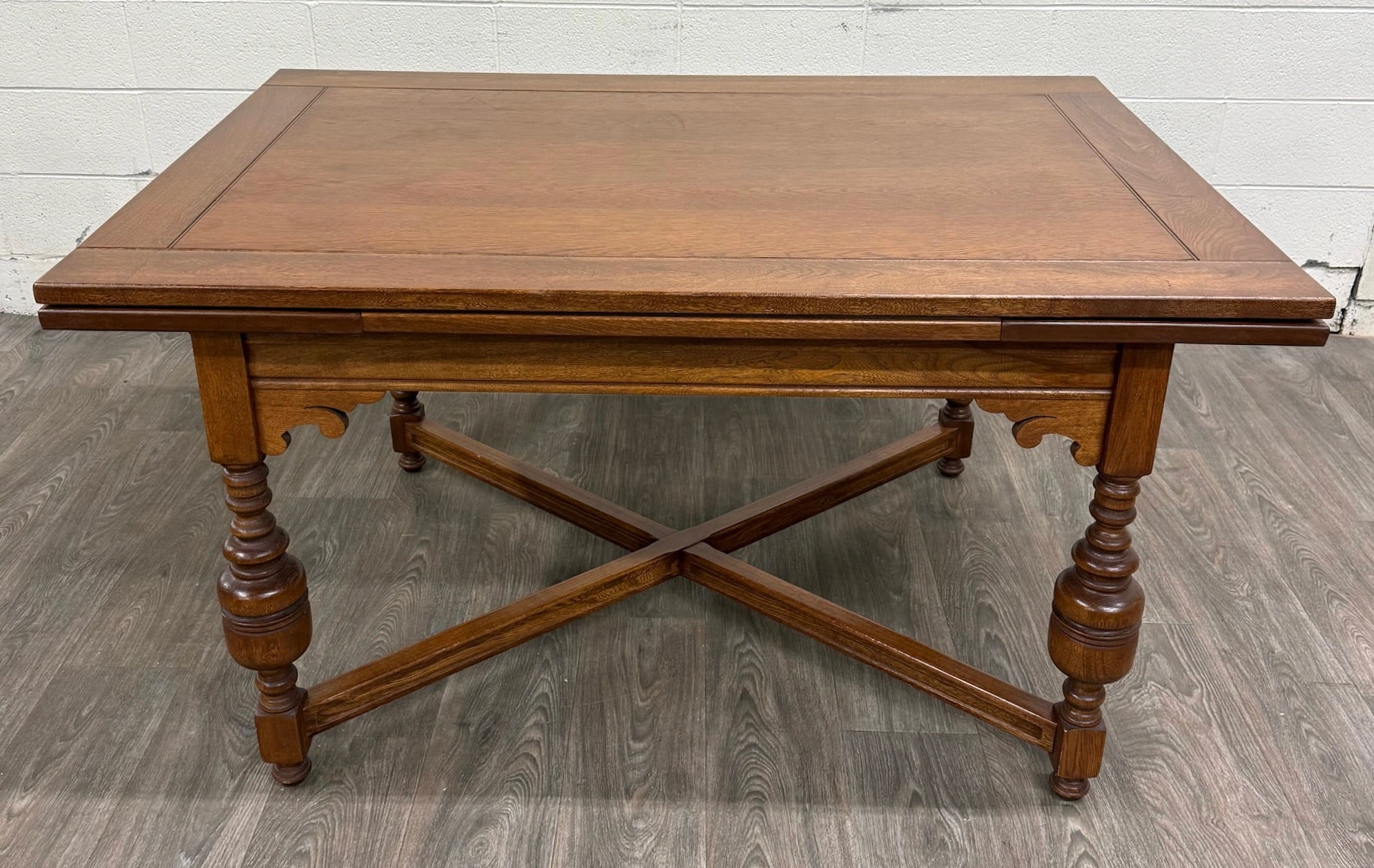 Vintage Old English Tudor Jacobean Revival Style Oak Draw Leaf Dining Table