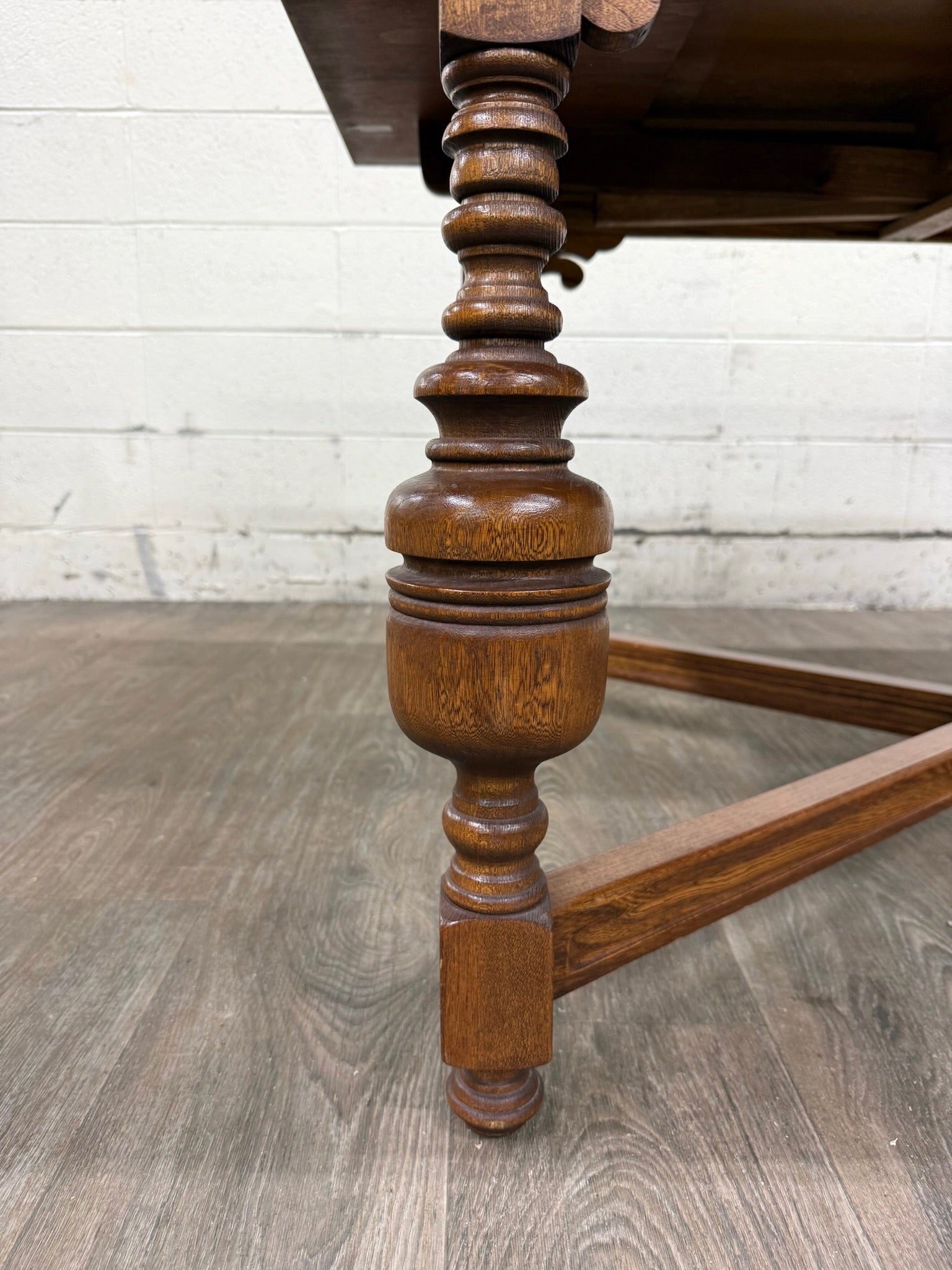 Vintage Old English Tudor Jacobean Revival Style Oak Draw Leaf Dining Table