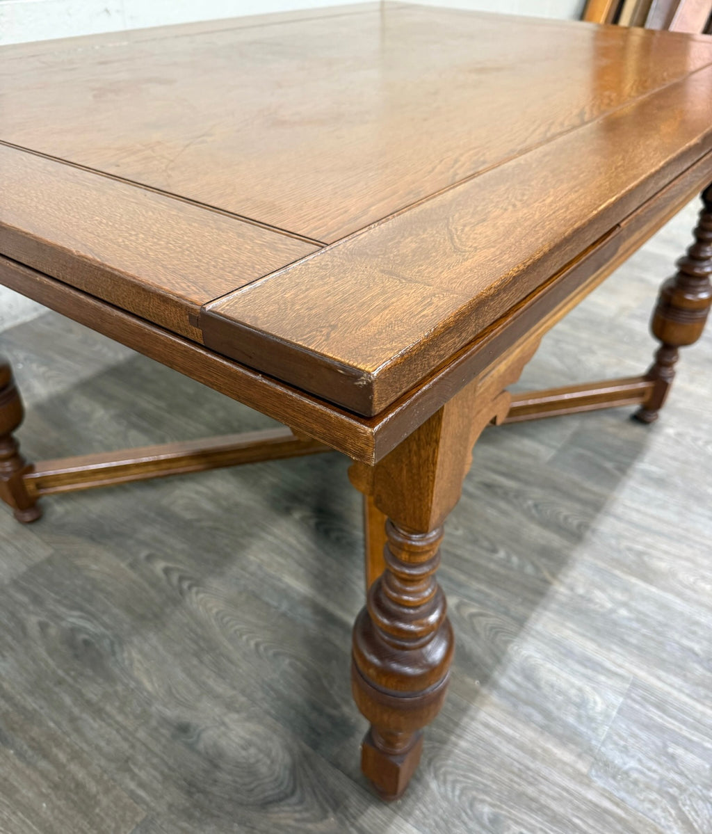 Vintage Old English Tudor Jacobean Revival Style Oak Draw Leaf Dining Table