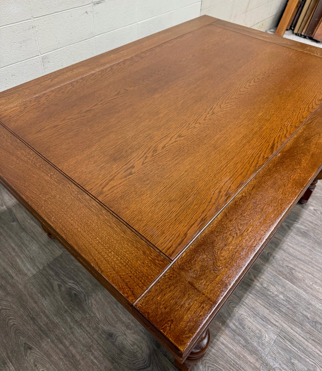 Vintage Old English Tudor Jacobean Revival Style Oak Draw Leaf Dining Table