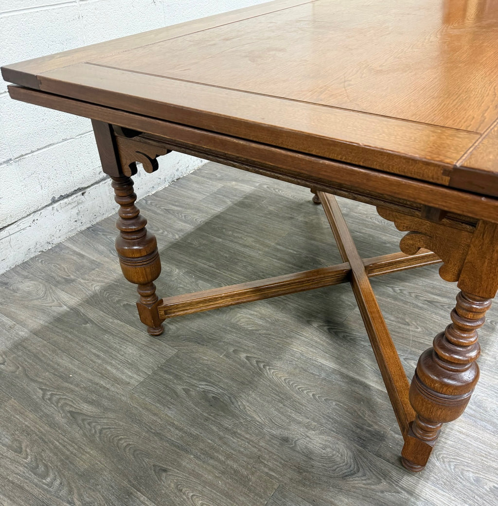 Vintage Old English Tudor Jacobean Revival Style Oak Draw Leaf Dining Table
