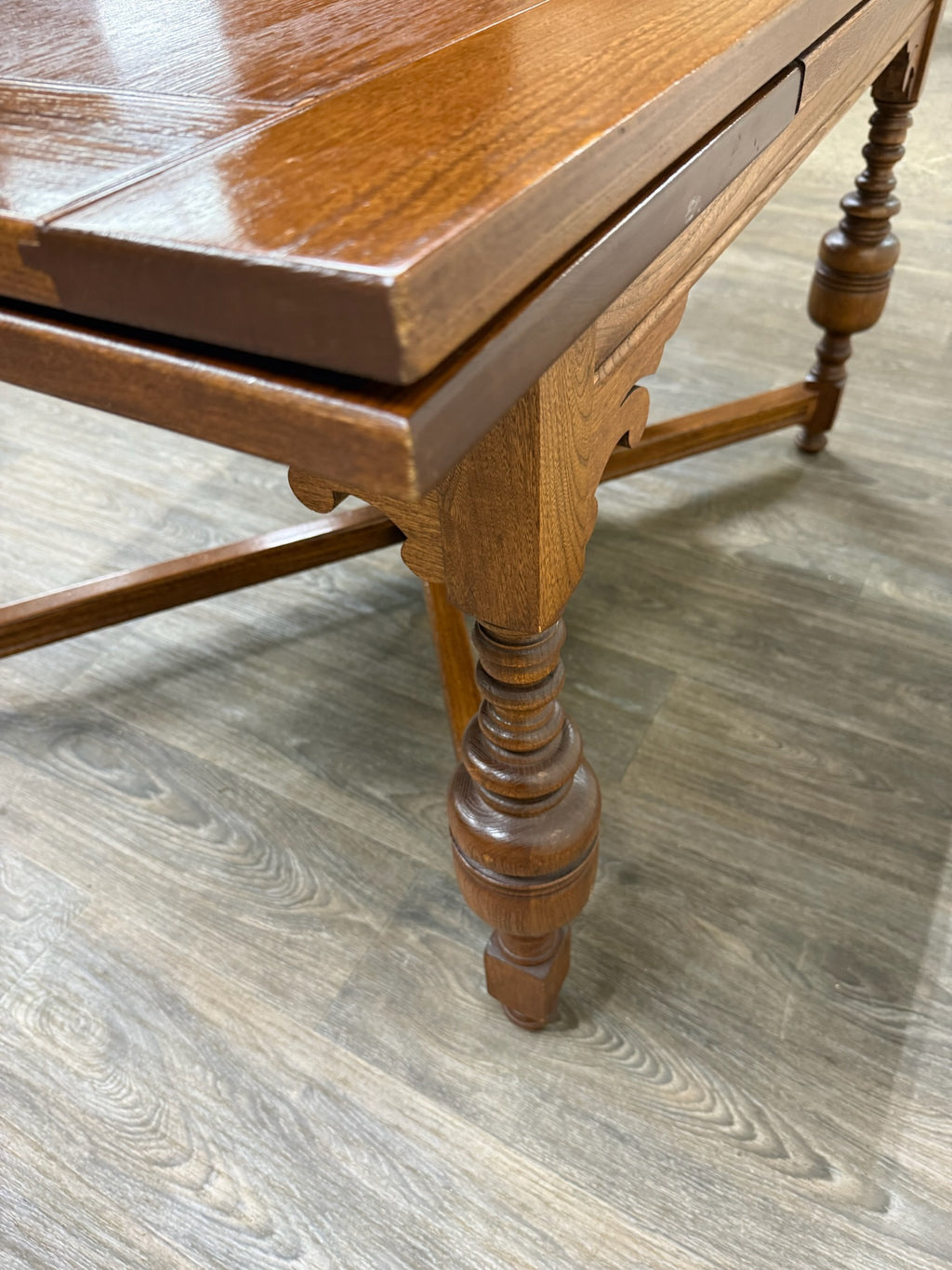 Vintage Old English Tudor Jacobean Revival Style Oak Draw Leaf Dining Table