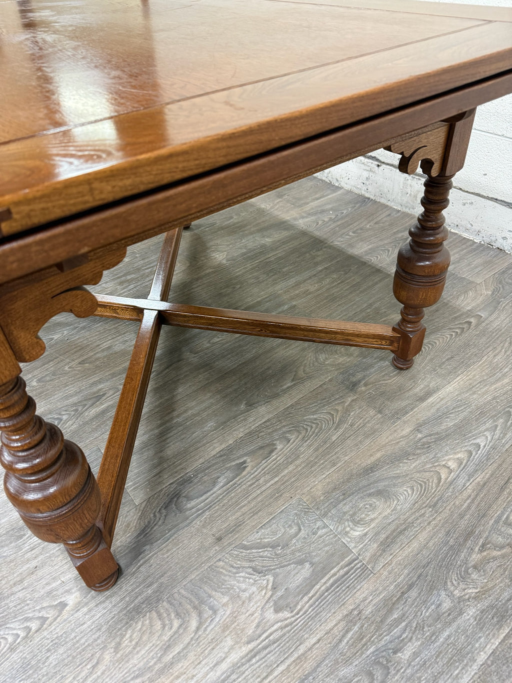 Vintage Old English Tudor Jacobean Revival Style Oak Draw Leaf Dining Table