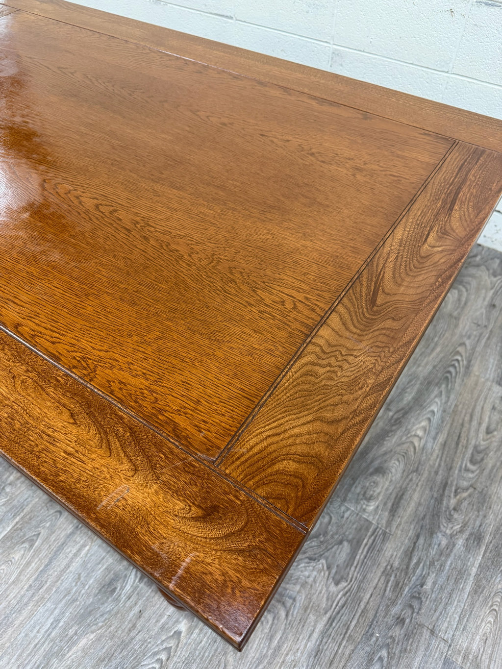 Vintage Old English Tudor Jacobean Revival Style Oak Draw Leaf Dining Table