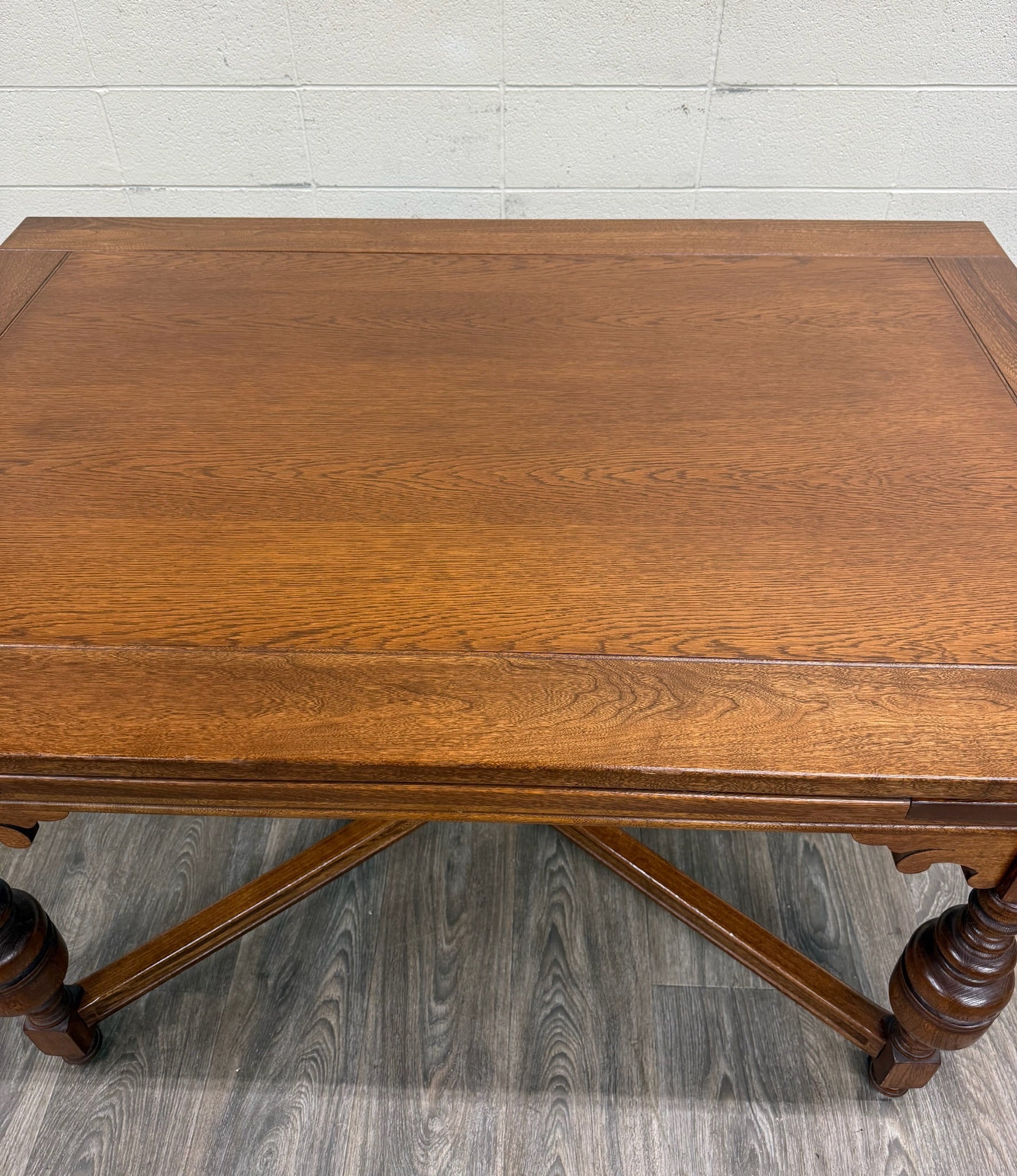 Vintage Old English Tudor Jacobean Revival Style Oak Draw Leaf Dining Table