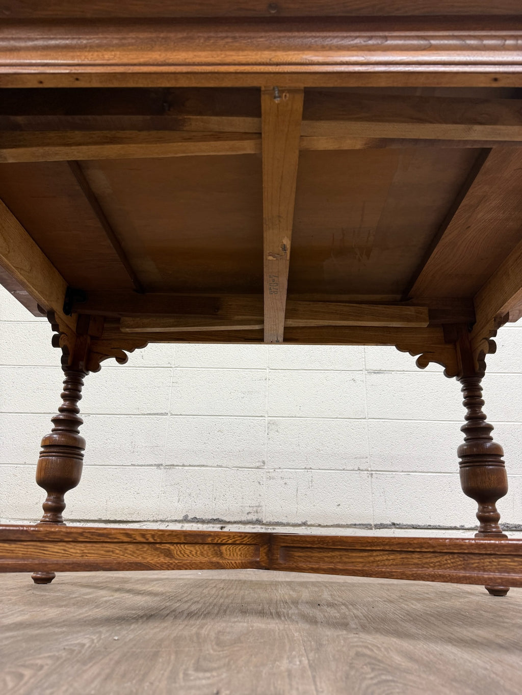 Vintage Old English Tudor Jacobean Revival Style Oak Draw Leaf Dining Table