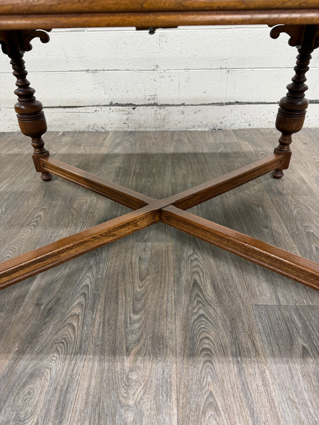Vintage Old English Tudor Jacobean Revival Style Oak Draw Leaf Dining Table