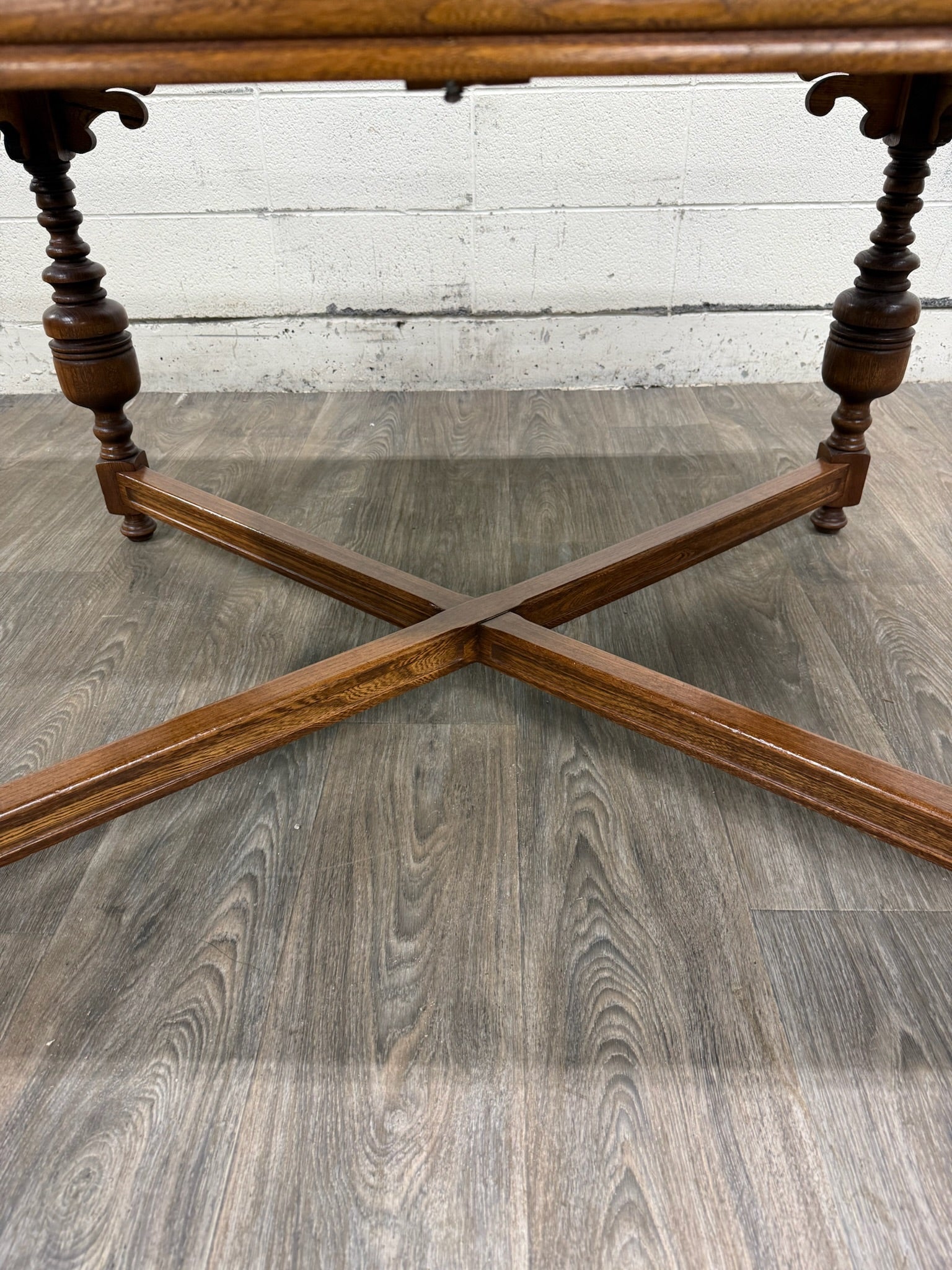 Vintage Old English Tudor Jacobean Revival Style Oak Draw Leaf Dining Table
