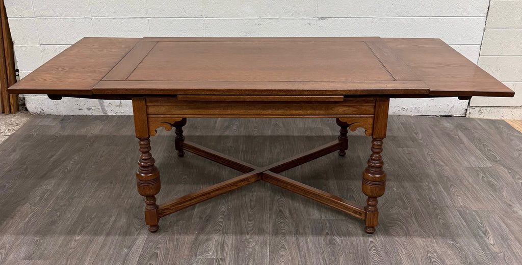 Vintage Old English Tudor Jacobean Revival Style Oak Draw Leaf Dining Table