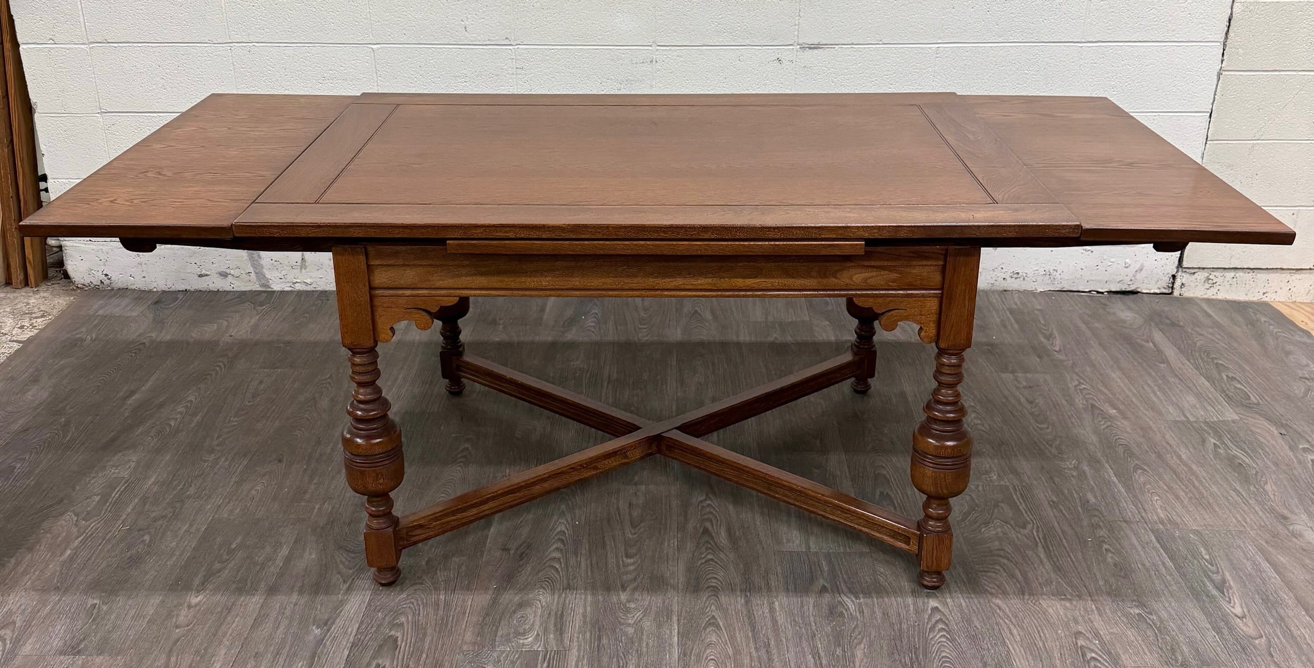 Vintage Old English Tudor Jacobean Revival Style Oak Draw Leaf Dining Table