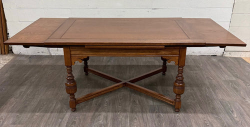 Vintage Old English Tudor Jacobean Revival Style Oak Draw Leaf Dining Table