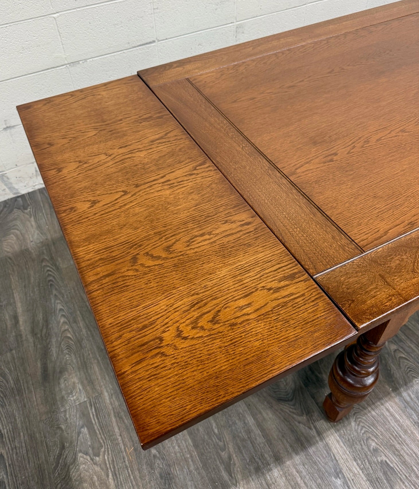 Vintage Old English Tudor Jacobean Revival Style Oak Draw Leaf Dining Table