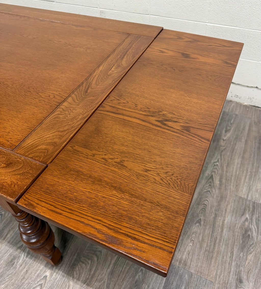 Vintage Old English Tudor Jacobean Revival Style Oak Draw Leaf Dining Table