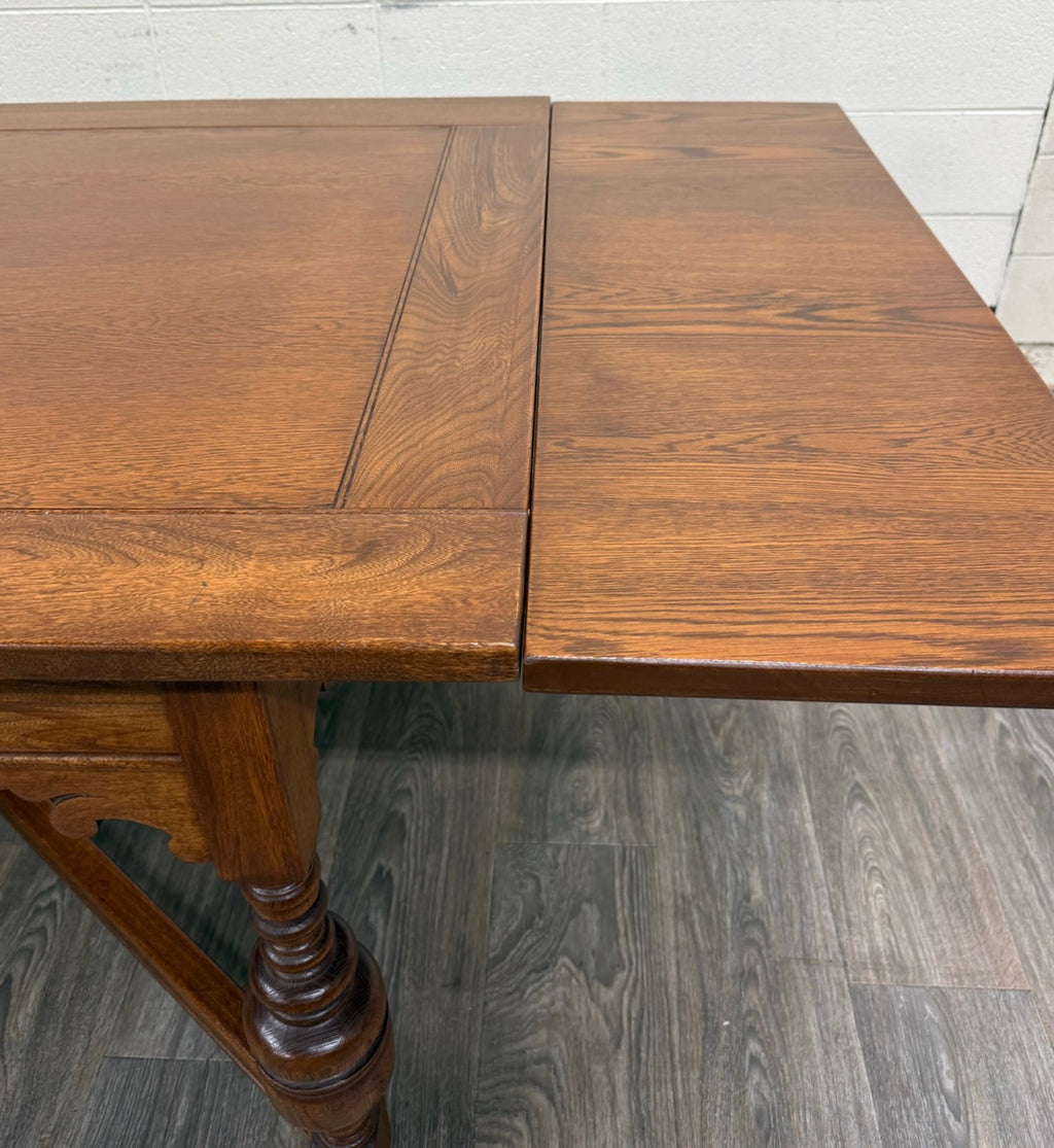 Vintage Old English Tudor Jacobean Revival Style Oak Draw Leaf Dining Table